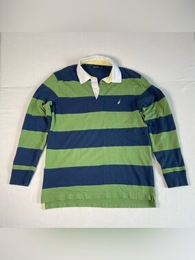 Nautica Green & Navy Wide-Stripe Long Sleeve Rugby Polo
